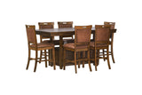 Rustic Counter Height 7-Piece Dining Set in Brown with Storage Pedestal Table and 6 Nailhead Upholstered Pub Chairs