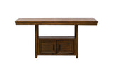 Rustic Counter Height 7-Piece Dining Set in Brown with Storage Pedestal Table and 6 Nailhead Upholstered Pub Chairs