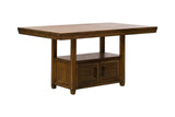 Rustic Counter Height 7-Piece Dining Set in Brown with Storage Pedestal Table and 6 Nailhead Upholstered Pub Chairs
