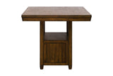 Rustic Counter Height 7-Piece Dining Set in Brown with Storage Pedestal Table and 6 Nailhead Upholstered Pub Chairs