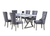 7 Piece Gray Marble Dining Set with Steel Base and Velvet Chairs by Mollai Collections | Bel Furniture
