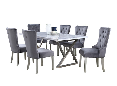 7 Piece Gray Marble Dining Set with Steel Base and Velvet Chairs by Mollai Collections | Bel Furniture