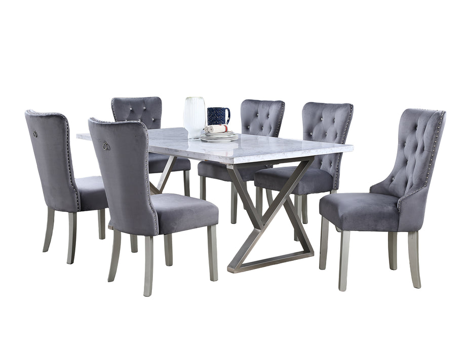 7 Piece Gray Marble Dining Set with Steel Base and Velvet Chairs