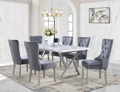 7 Piece Gray Marble Dining Set with Steel Base and Velvet Chairs by Mollai Collections | Bel Furniture