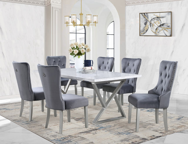 7 Piece Gray Marble Dining Set with Steel Base and Velvet Chairs by Mollai Collections | Bel Furniture