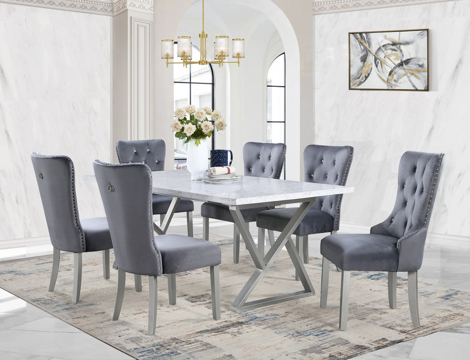 7 Piece Gray Marble Dining Set with Steel Base and Velvet Chairs