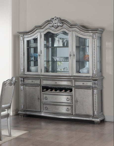 Grey Traditional Buffet & Hutch with LED Lighting & Wine Storage