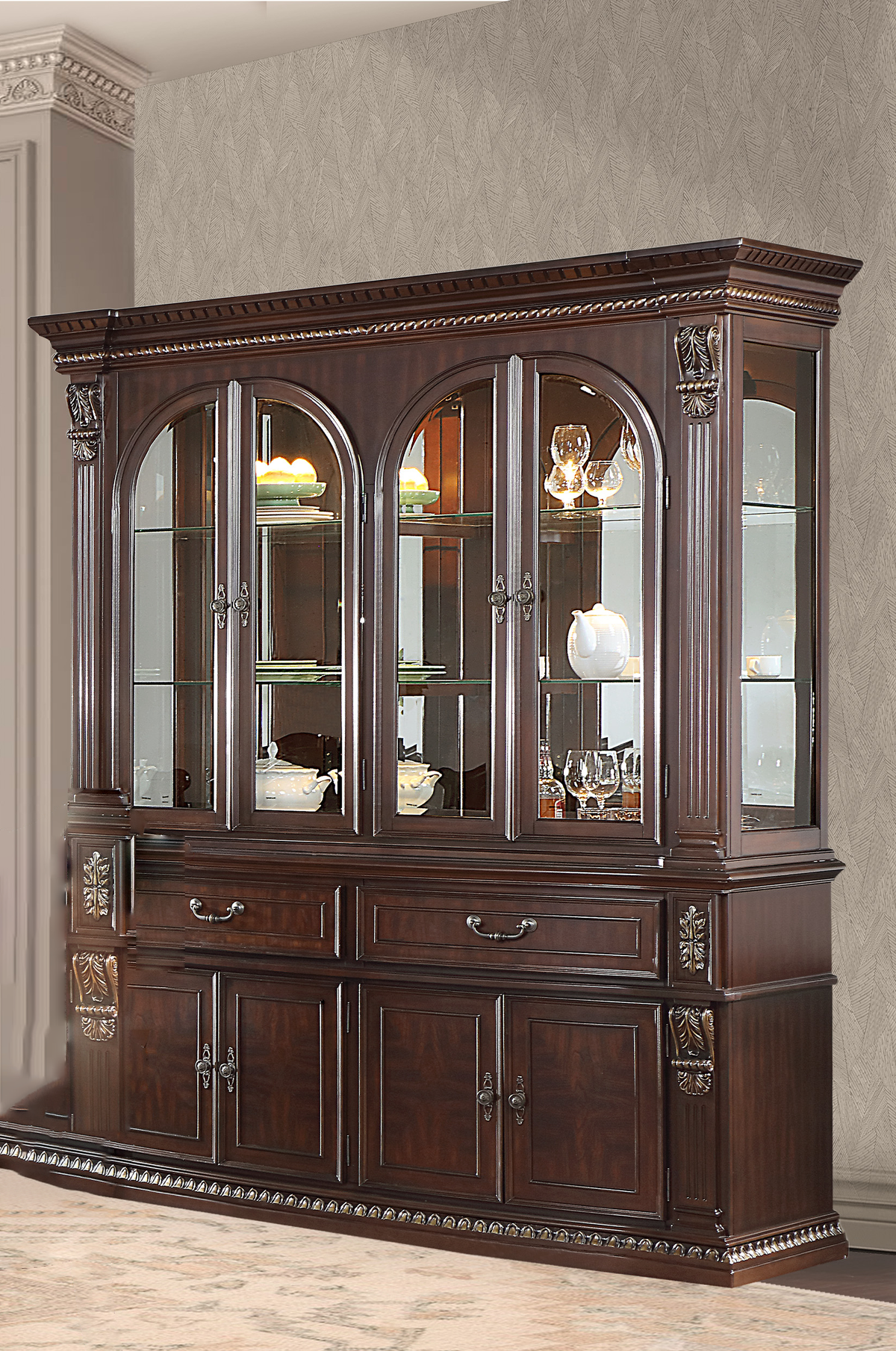 Grand-Cherry Hutch & Buffet/ China Cabinet by Mollai Collections | Bel Furniture