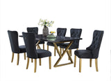 7-Piece Black Marble Dining Set with Steel Base and Velvet Chairs by Mollai Collections | Bel Furniture
