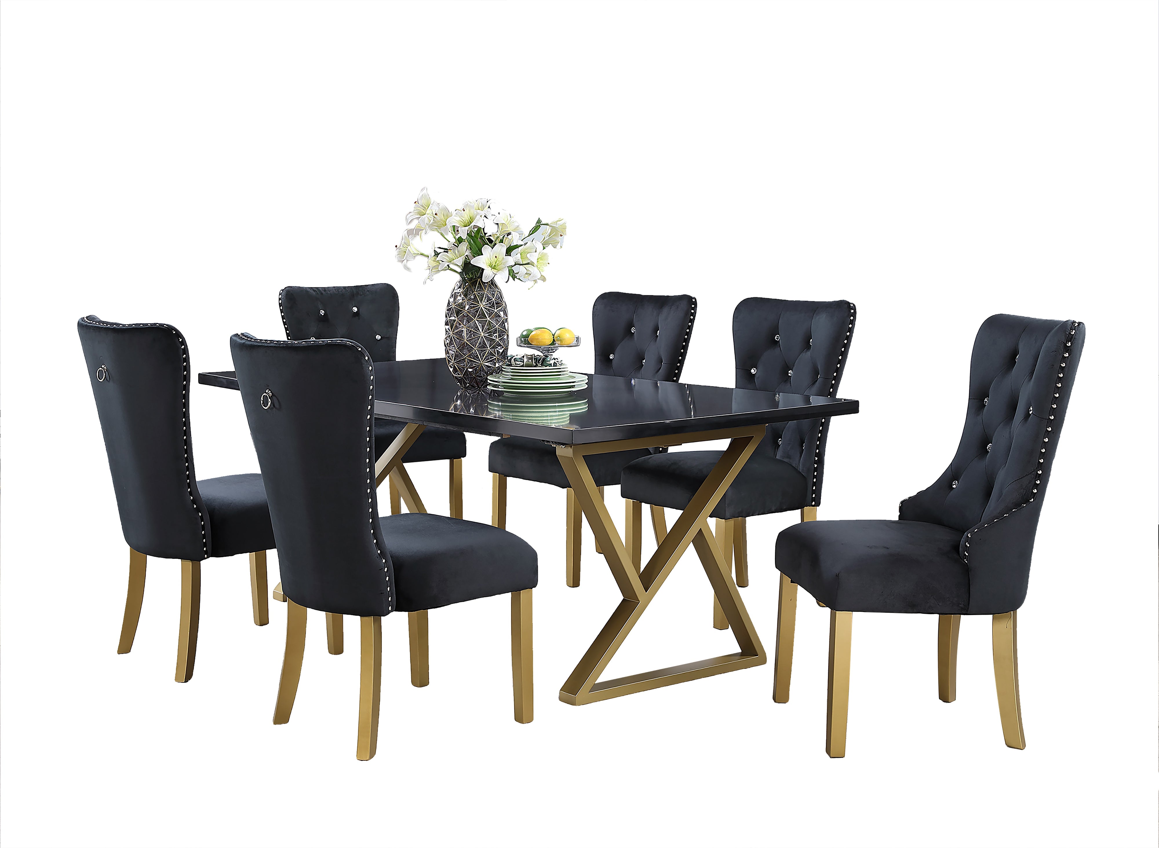 7-Piece Black Marble Dining Set with Steel Base and Velvet Chairs