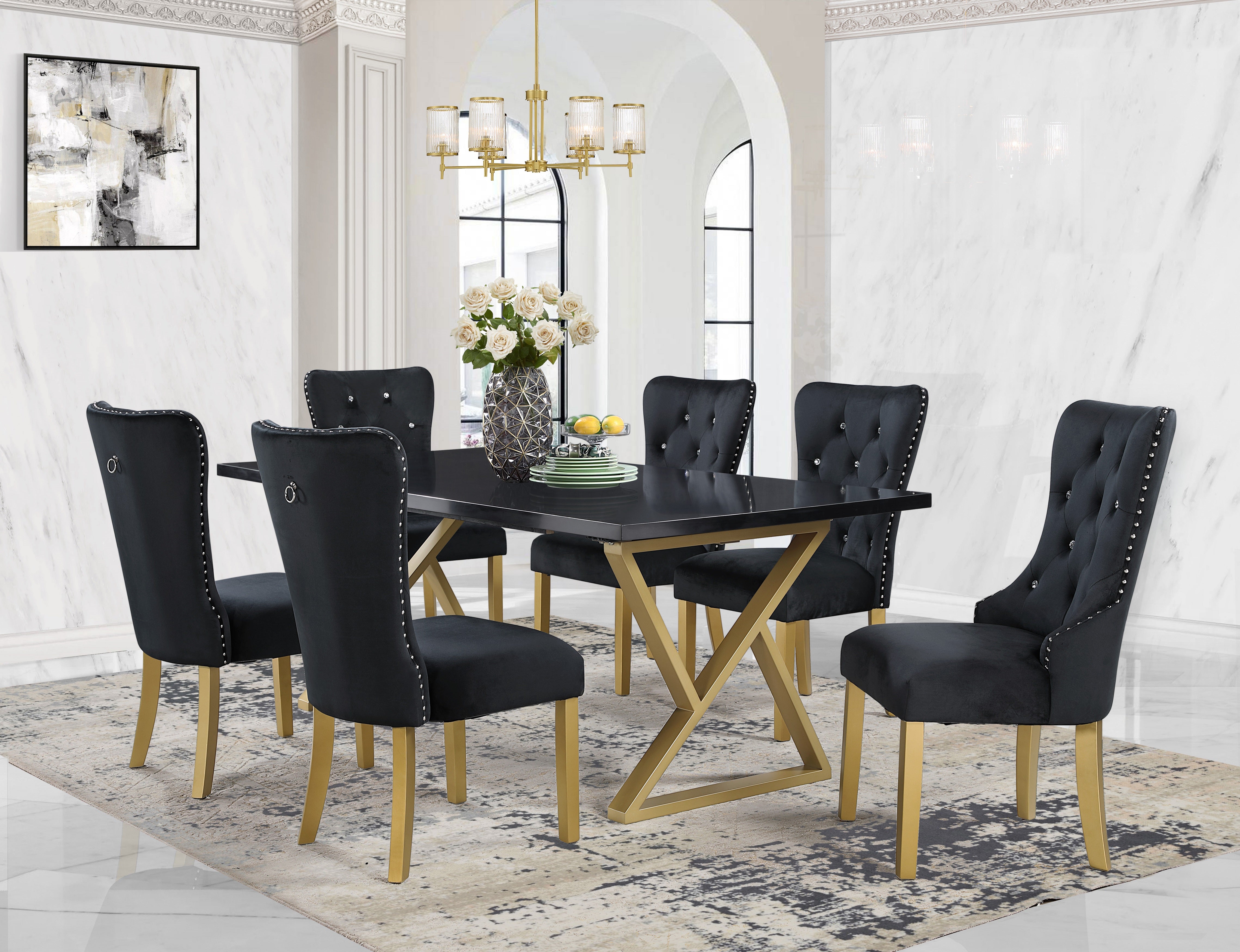 7-Piece Black Marble Dining Set with Steel Base and Velvet Chairs BE