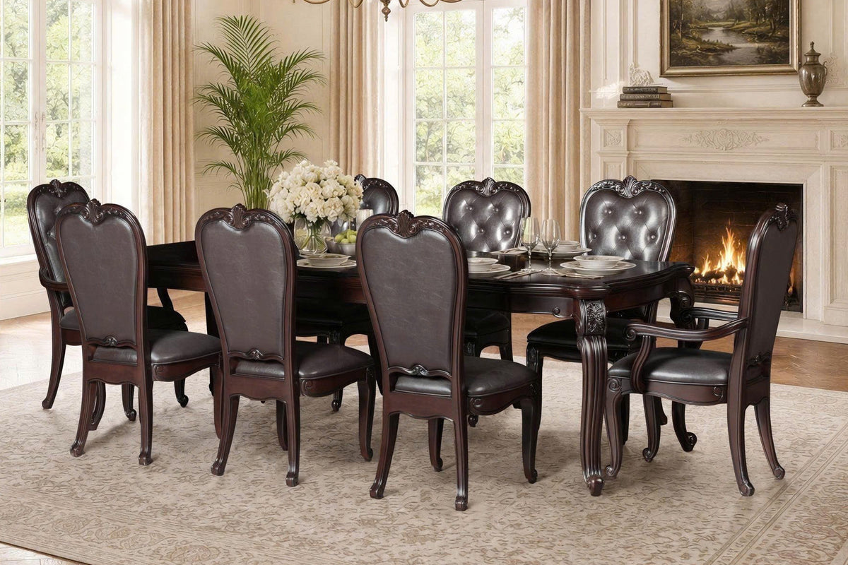 Traditional Cherry 9-Piece Rectangular Dining Table Set with Ornate Scrollwork & Button-Tufted Chairs