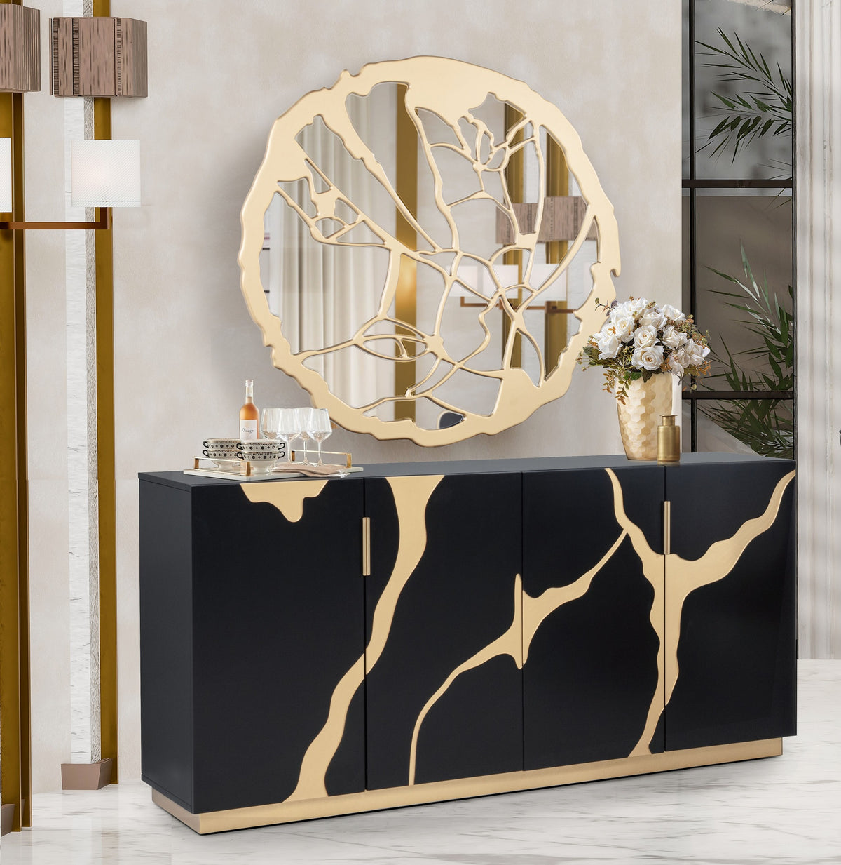 Modern Black and Gold Sideboard Buffet with Artistic Mirror by Mollai Collections | Bel Furniture