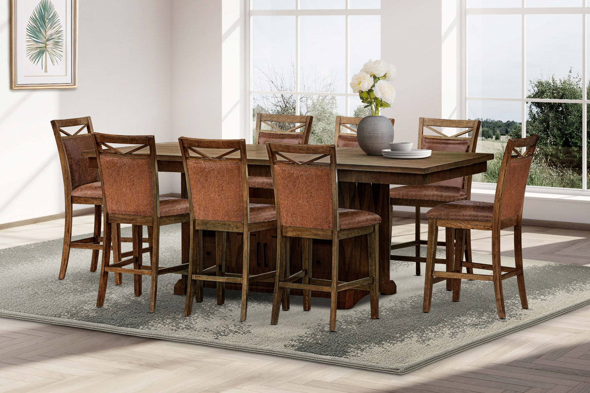 Wooden dining table with chairs in a bright room with large windows.
