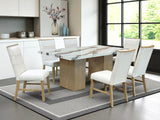 7-Pc Marble-Look Top Dining Set with Linen Chairs (72" Table, Light Brown Base)
