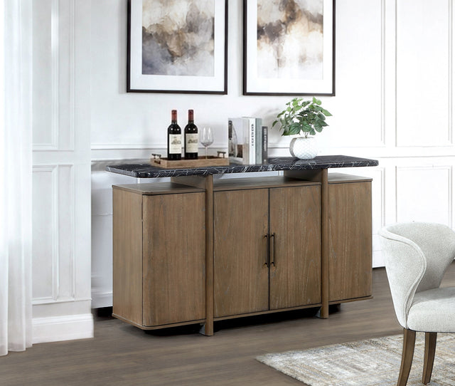 Modern dining room with a marble table and chairs near a kitchen.