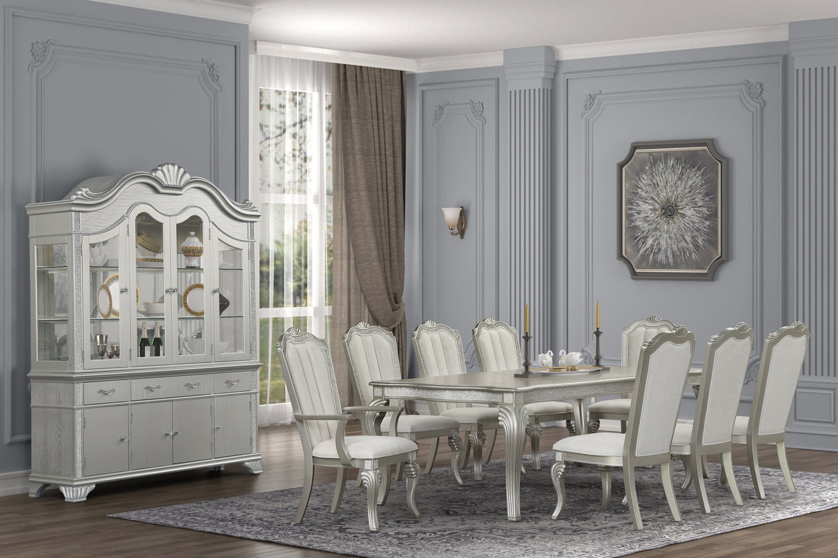 Traditional Glam Silver 9-Piece Dining Set with 18-Inch Leaf