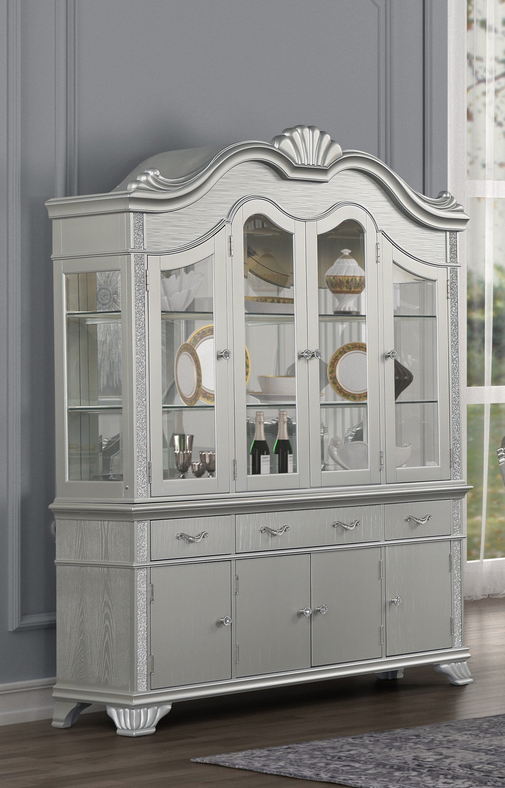 Traditional Silver China Cabinet with Glass Hutch and Buffet | BEL