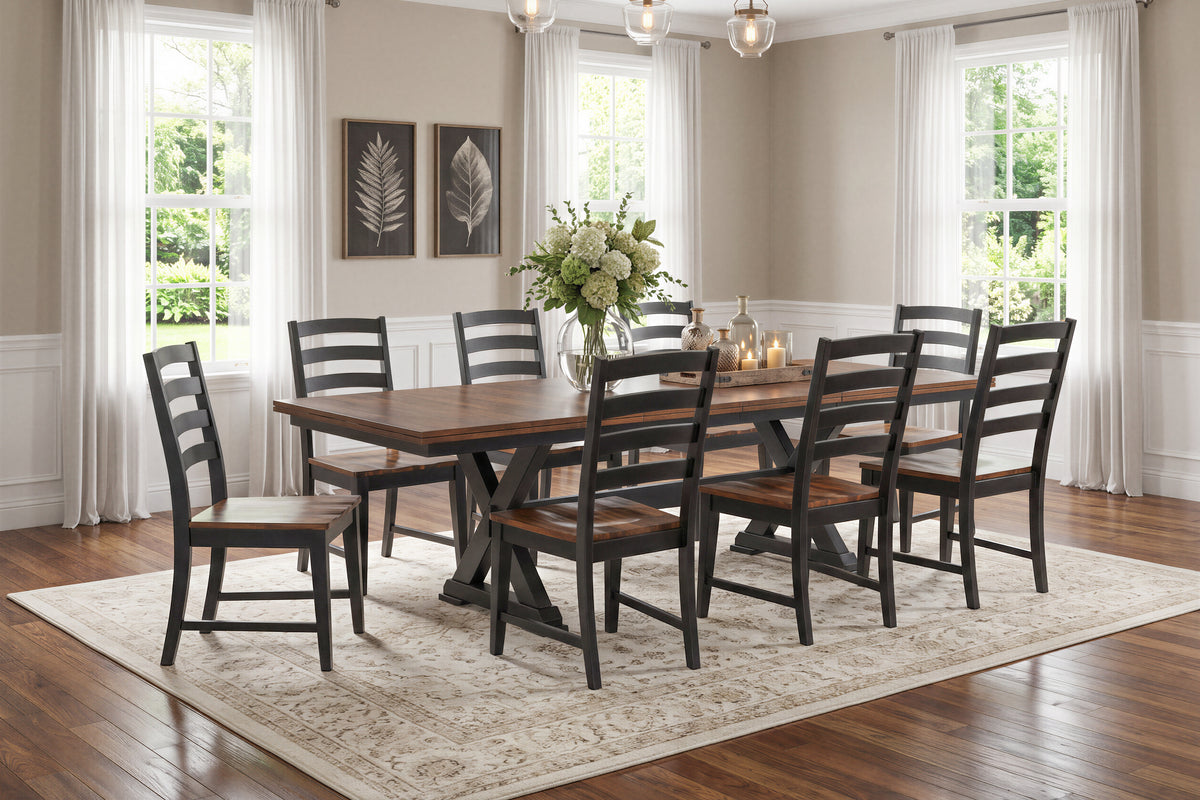 9-Piece Rustic Farmhouse Brown & Black Wood Dining Set with X-Trestle Table & Ladder-Back Chairs