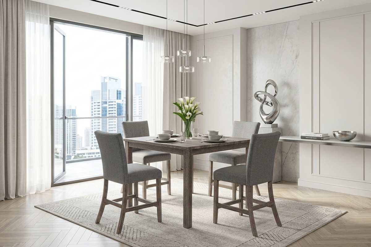 Rustic Gray 5-Piece Counter Height Dining Table Set with Square Table & Upholstered Chairs