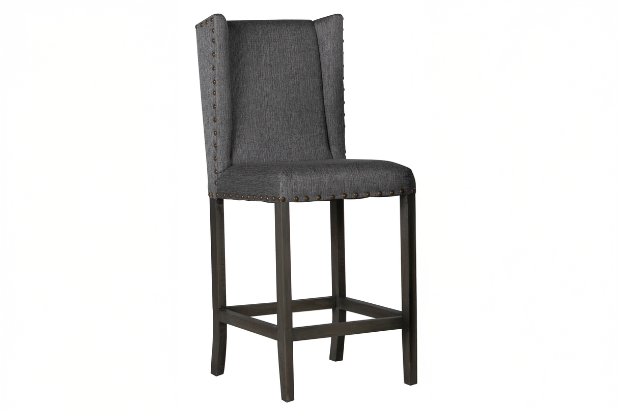 Gray Upholstered Wingback Bar Stool with Nailhead Trim