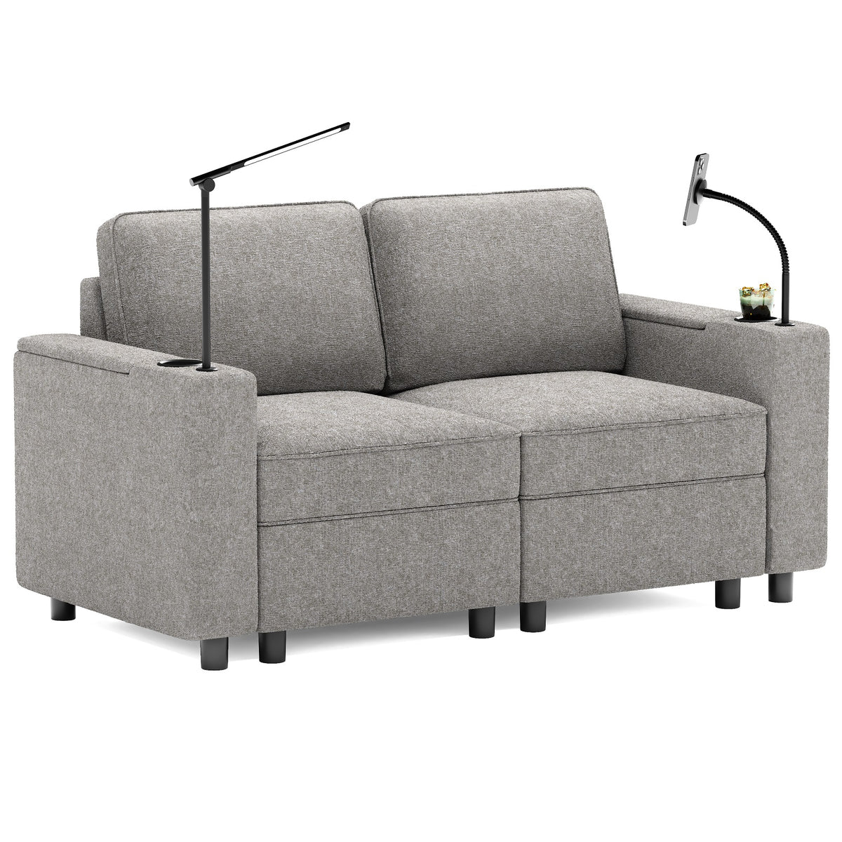 Gray Fabric Loveseat with Built-In Arm Lights, Phone Holder & Modern Compact Design