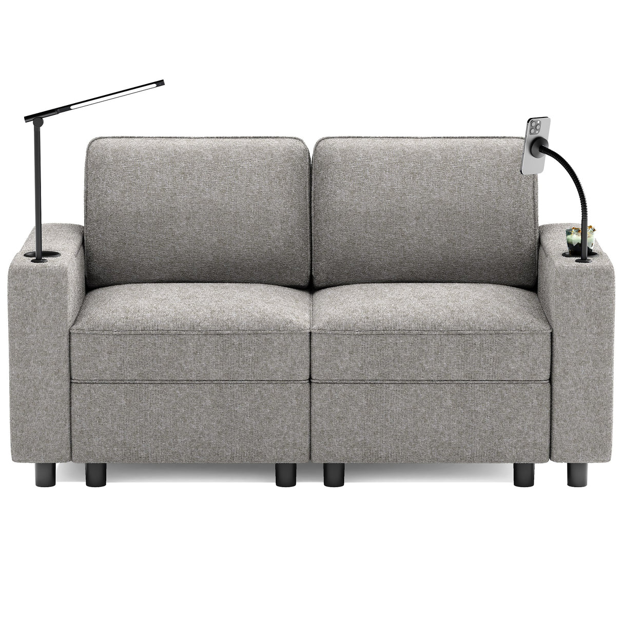 Gray Fabric Loveseat with Built-In Arm Lights, Phone Holder & Modern Compact Design