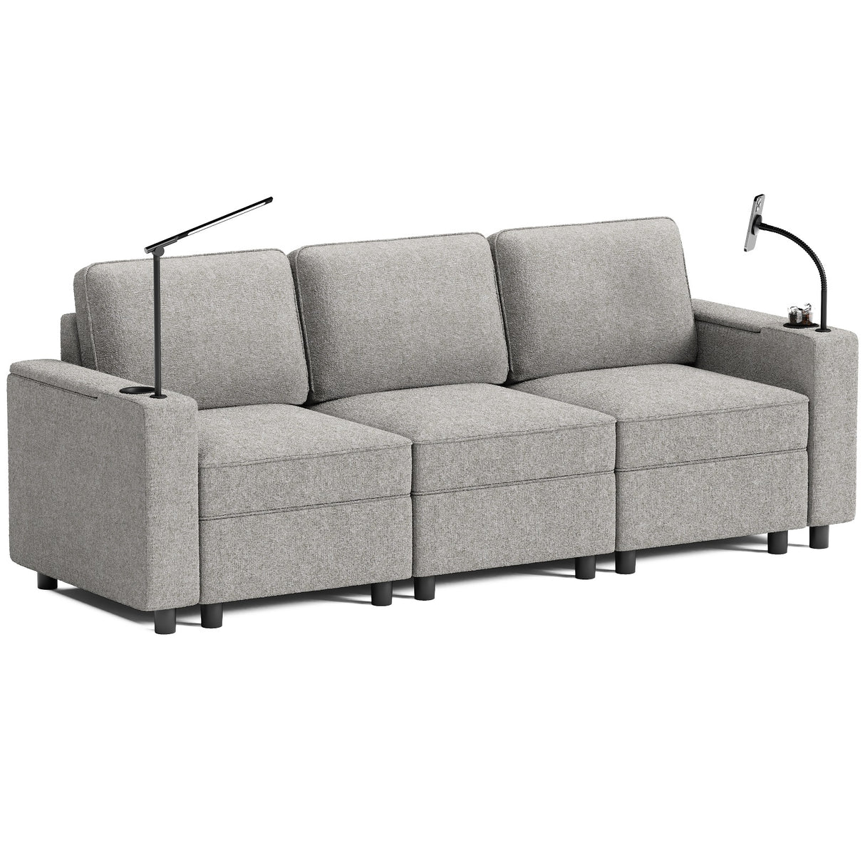 Gray Fabric Sofa with Built-In Arm Lights, Phone Holder & Modern 3-Seat Design