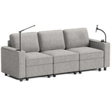 Gray Fabric Sofa with Built-In Arm Lights, Phone Holder & Modern 3-Seat Design