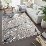 Living room with a marble-patterned rug, white sofa, and decorative items.