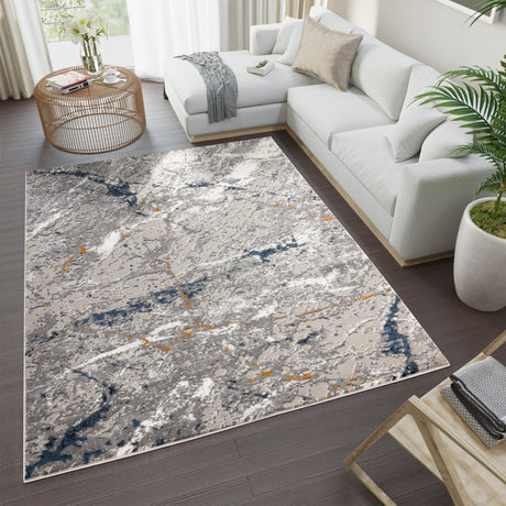 Living room with a marble-patterned rug, white sofa, and decorative items.