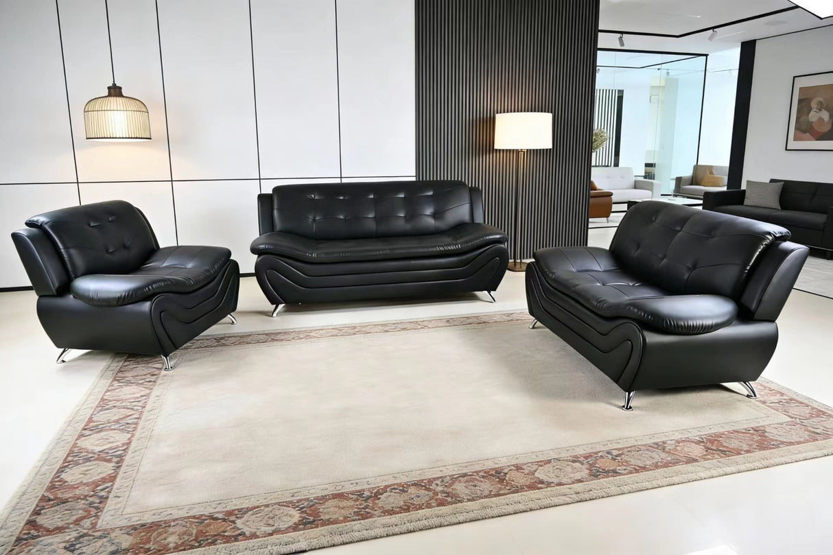 Modern black leather sofa set in a stylish living room with a rug and decor.