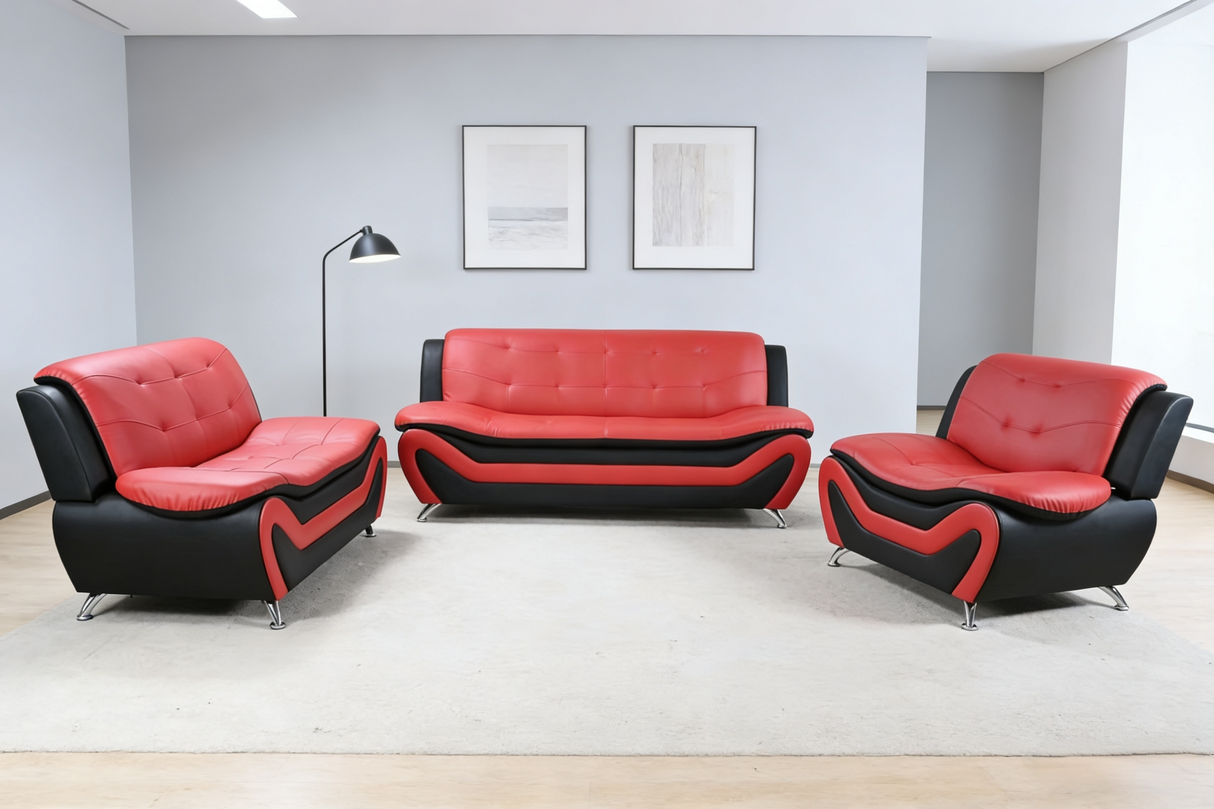 Red & Black Modern Curved Living Room Set with Metal Legs