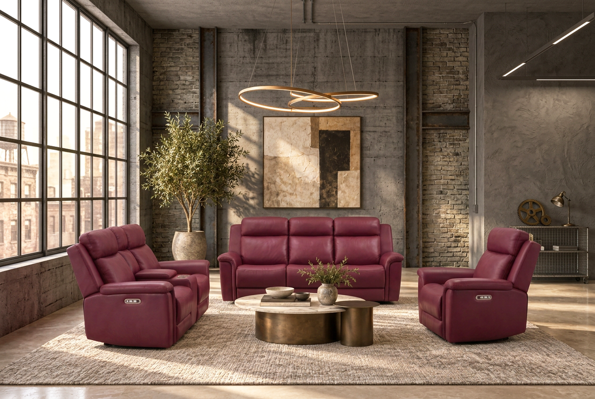 Red Top-Grain Leather 3-Piece Power Reclining Living Room Set with Power Headrests