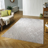 Gray patterned rug on a wooden floor in a living room setting.