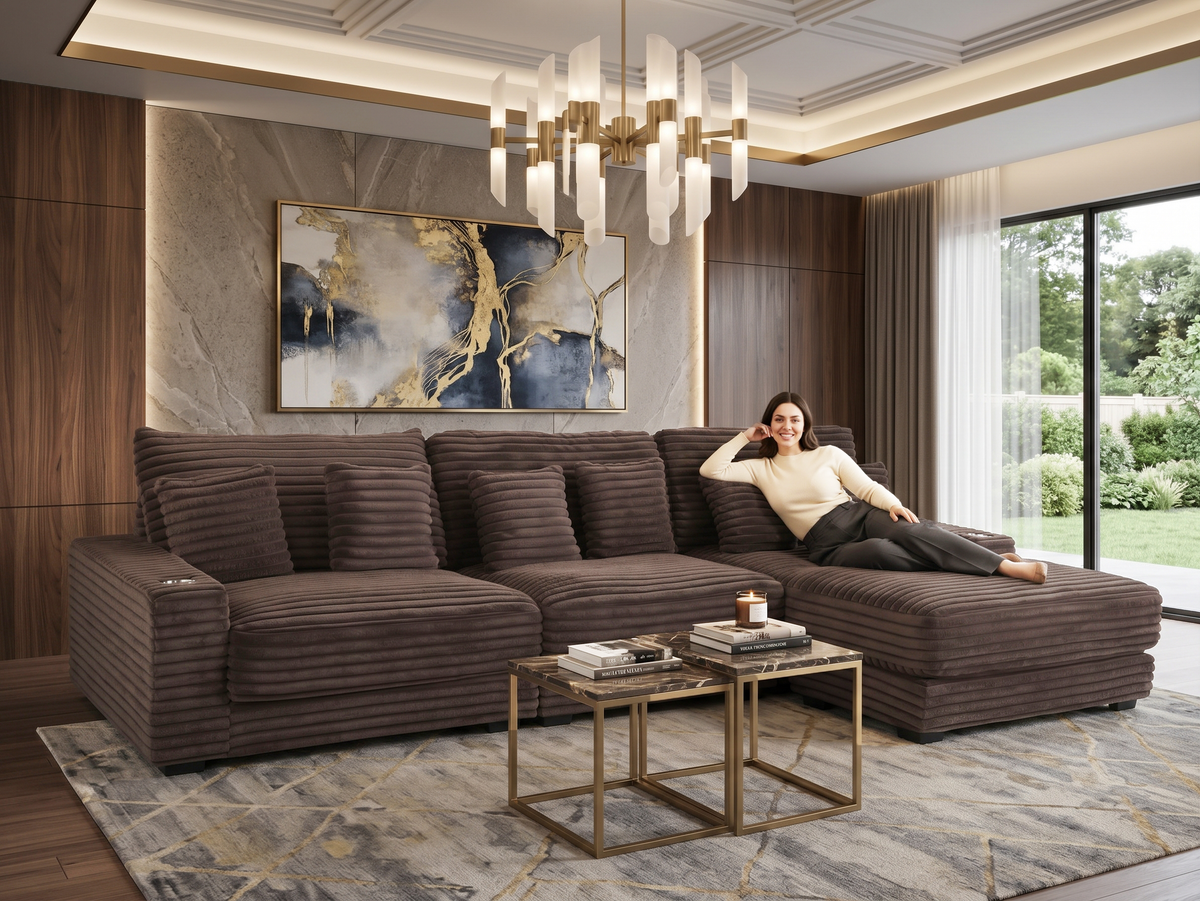 Brown Corduroy Sectional Sofa with Chaise Lounge & Pillows