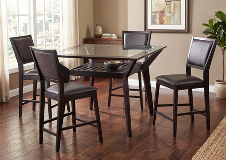 Modern 5-Piece Counter Height Dining Set with Tempered Glass Top Pub Table and 4 Espresso PU Upholstered Chairs