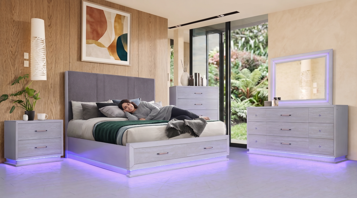 Modern White 6-Piece Storage Bedroom Set with Gray Upholstered Headboard & LED Lighting