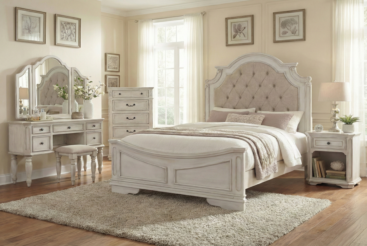 Magnolia 7-Piece Bedroom Set with Tufted Upholstered Bed, Vanity Desk, Tri-Fold Mirror, Stool & Nightstand – Savanna White Finish