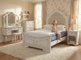 Magnolia 7-Piece Bedroom Set with Tufted Upholstered Bed, Vanity Desk, Tri-Fold Mirror, Stool & Nightstand – Savanna White Finish