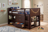 Espresso Twin Low Loft Bed with Storage Drawers & Shelves
