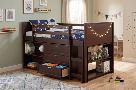 Espresso Twin Low Loft Bed with Storage Drawers & Shelves
