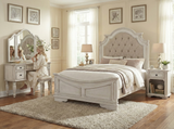 Magnolia 7-Piece Bedroom Set with Tufted Upholstered Bed, Vanity Desk, Tri-Fold Mirror, Stool & Nightstand – Savanna White Finish
