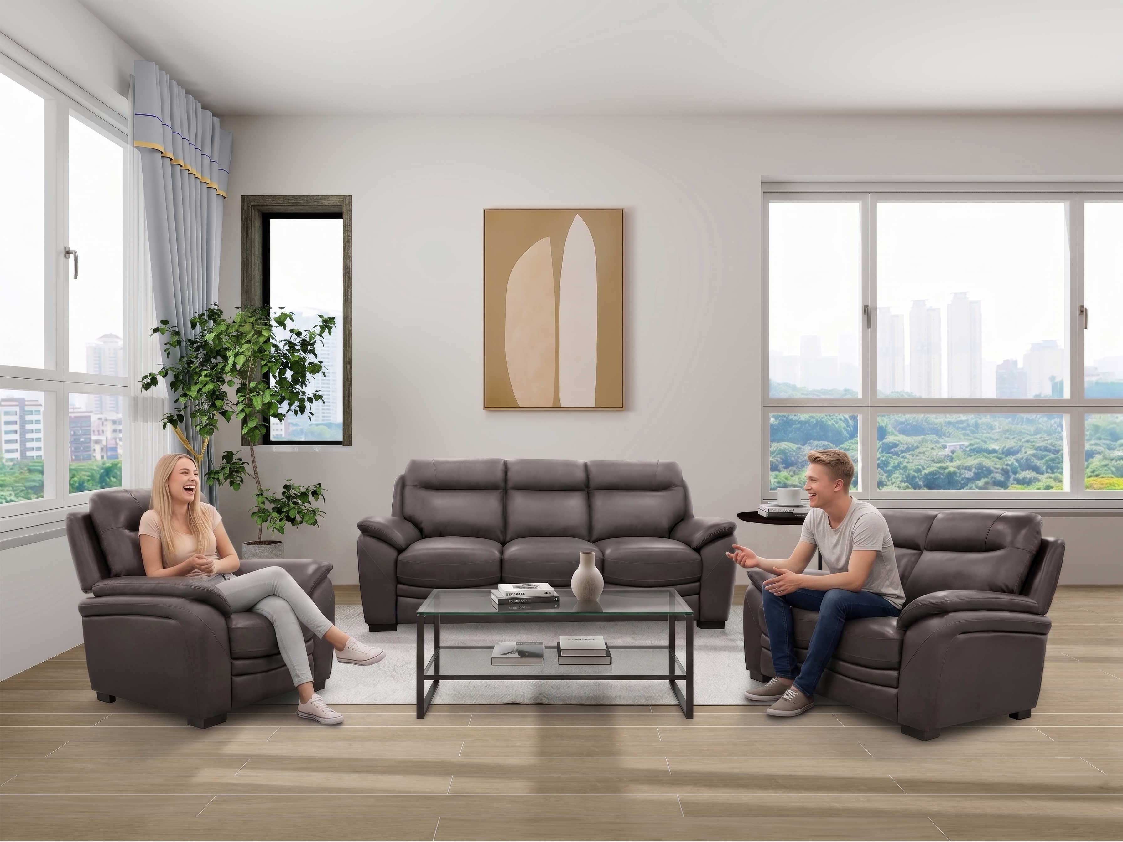 Dark Brown Top Grain Leather 3-Piece Living Room Set with Sofa, Loveseat & Chair