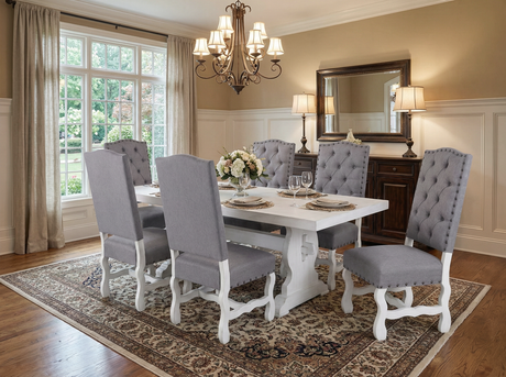 7-Piece White Trestle Dining Set with 6 Tufted High-Back Chairs (Gray)