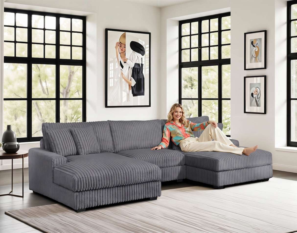 Grey Dual-Chaise 3-Piece Sectional Sofa — Plush Ribbed Fabric - view 2
