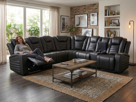 Modern Black Power Reclining Sectional with Power Headrests, Built-In Speakers, LED Lights, Cup Holders & USB Charging…