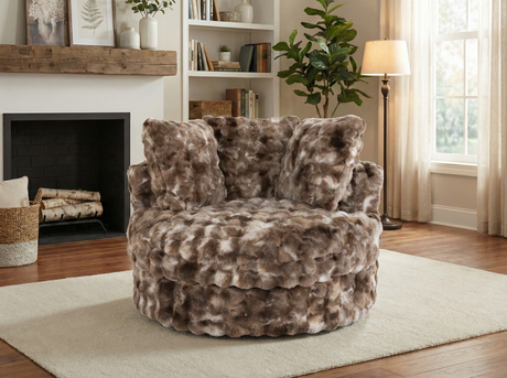 Faux Fur Swivel Chair with Plush Pillows - Brown