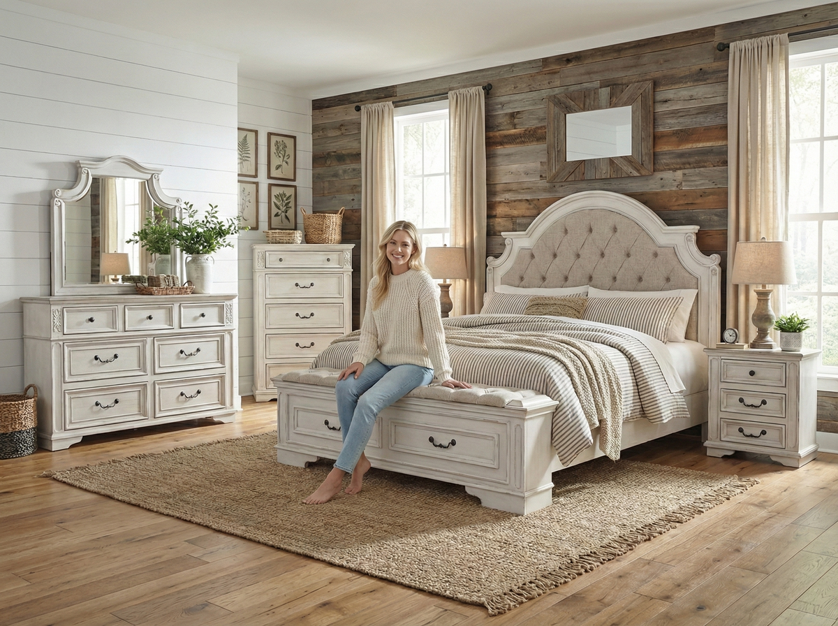 Magnolia Savanna White Farmhouse 6‑Piece Bedroom Set with Storage Footboard Bench