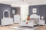 White Glam 6-Piece Bedroom Set with Upholstered Panel Bed, Dresser, Mirror & USB Nightstand